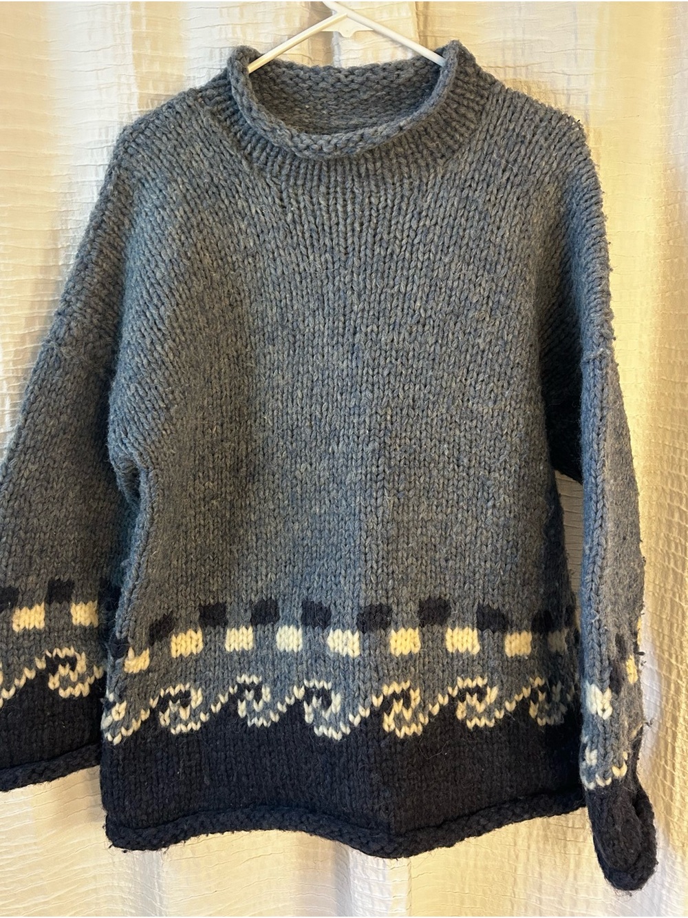 Vintage Handmade Artisan Wool Sweater with Patterned Hem